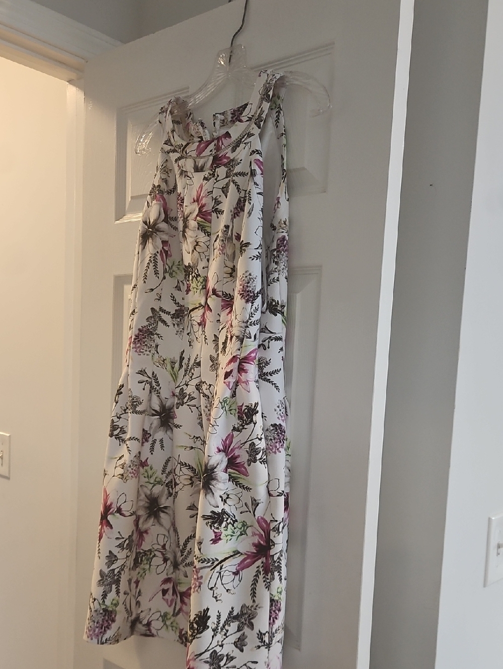 White House Black Market White Floral A-Line Dress with Pink & Green Accents